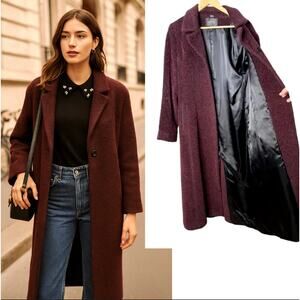 Neiman Marcus 8 LUXURY Alpaca Wool Trench Coat Long Knit Jacket Red Purple